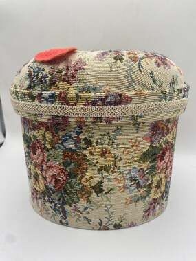 Vintage inspired Oval Floral Tapestry Fabric Covered Box Domed Lid Braided Trim